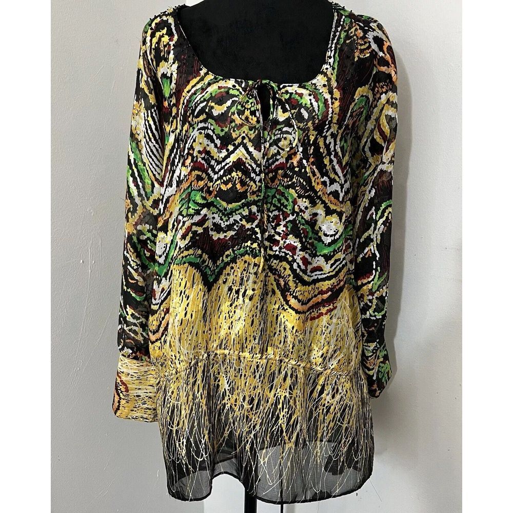 BCBGMAXAZRIA Womens XS Abstract Animal Print Sequin Chiffon Tie‎ Neck Tunic Top